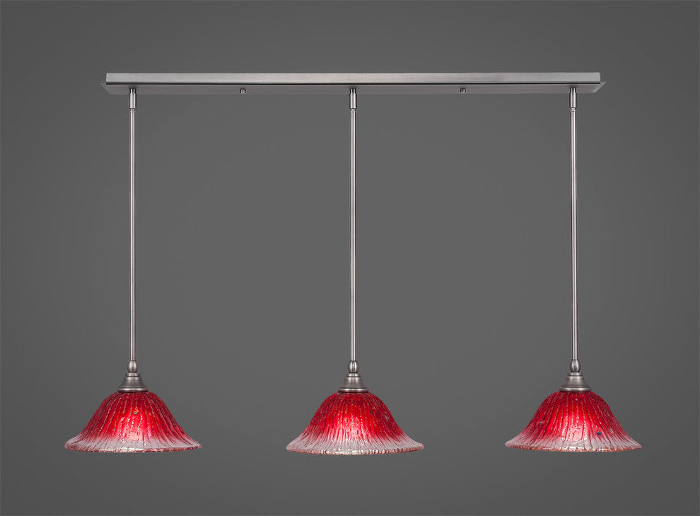 3 Light Mini Pendant In Brushed Nickel, 10" Raspberry Crystal Glass