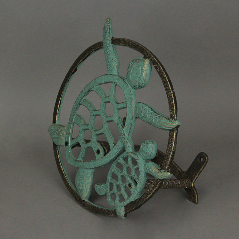 Verdigris Bronze Finish Cast Iron Sea Turtle Wall Mounted Garden Hose Holder