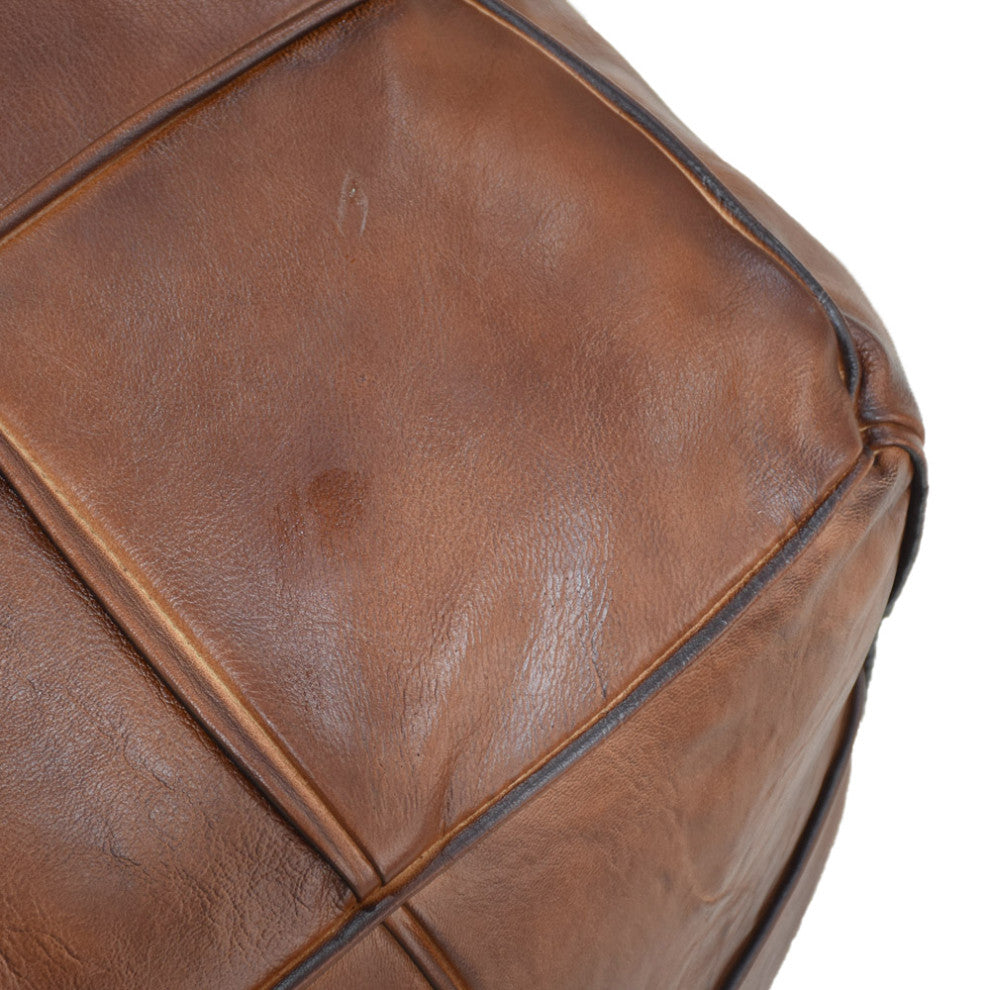 Pouf-Solid Handmade Leather Pouf (Recycled Foam with Fiber Fill), Brown, Square, 21x21x12