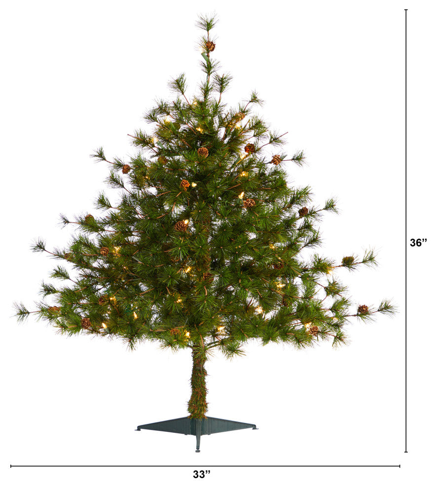 3' Colorado Mountain Pine Faux Xmas Tree W/Lights, Bendable Branches & Pinecones