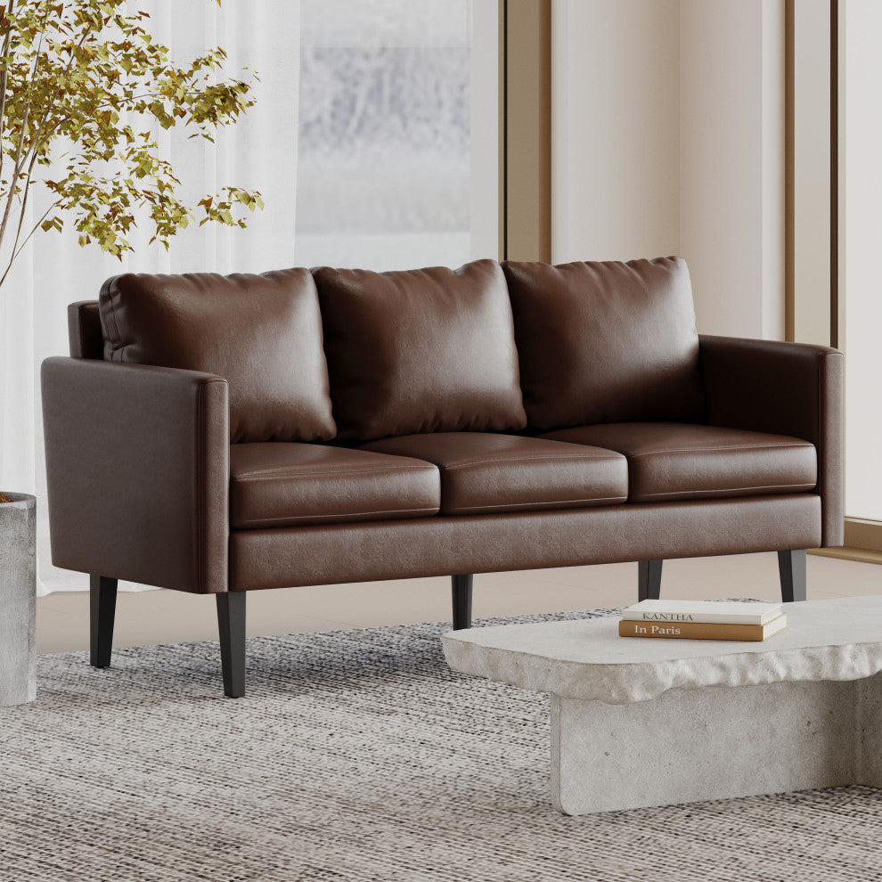 Dowd Mid Century Modern Faux Leather 3 Seater Sofa, Dark Brown