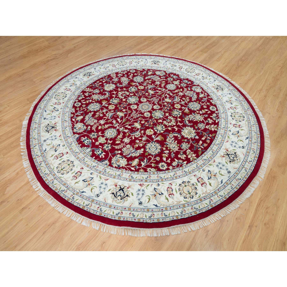 Burgundy Red Soft Wool Hand Knotted Nain Design 250 KPSI Round Rug 9'8"x9'8"