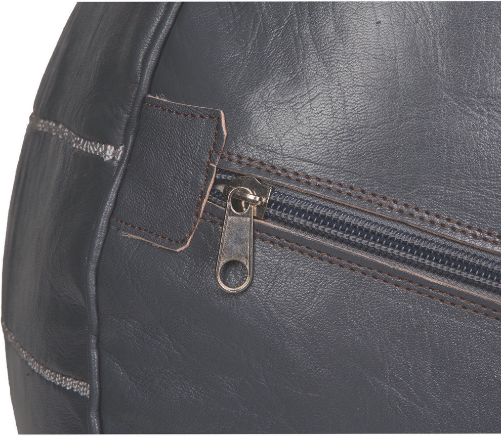 Gray Moroccan Leather Pouf, White Stitching, Unstuffed