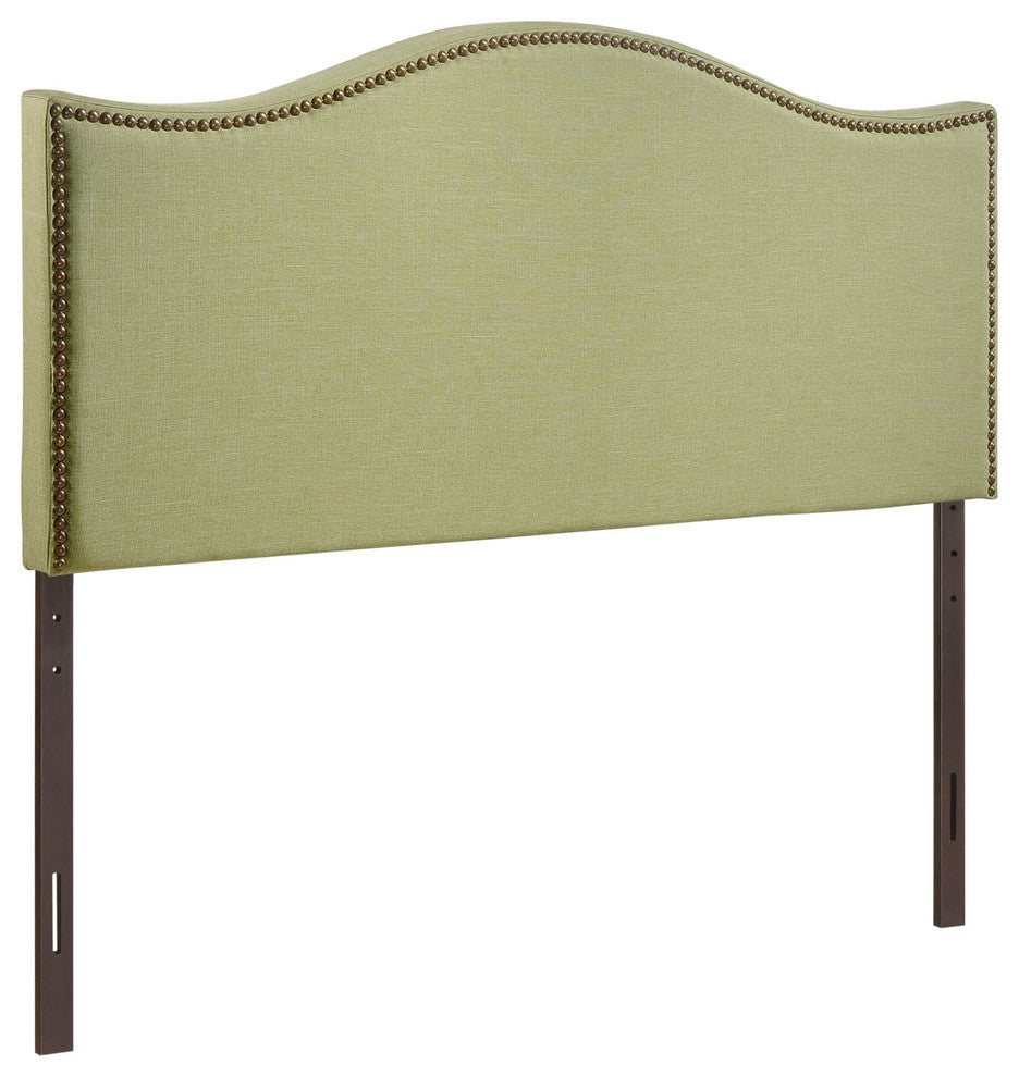 Modern Contemporary Queen Size Nailhead Upholstered Headboard, Green Fabric