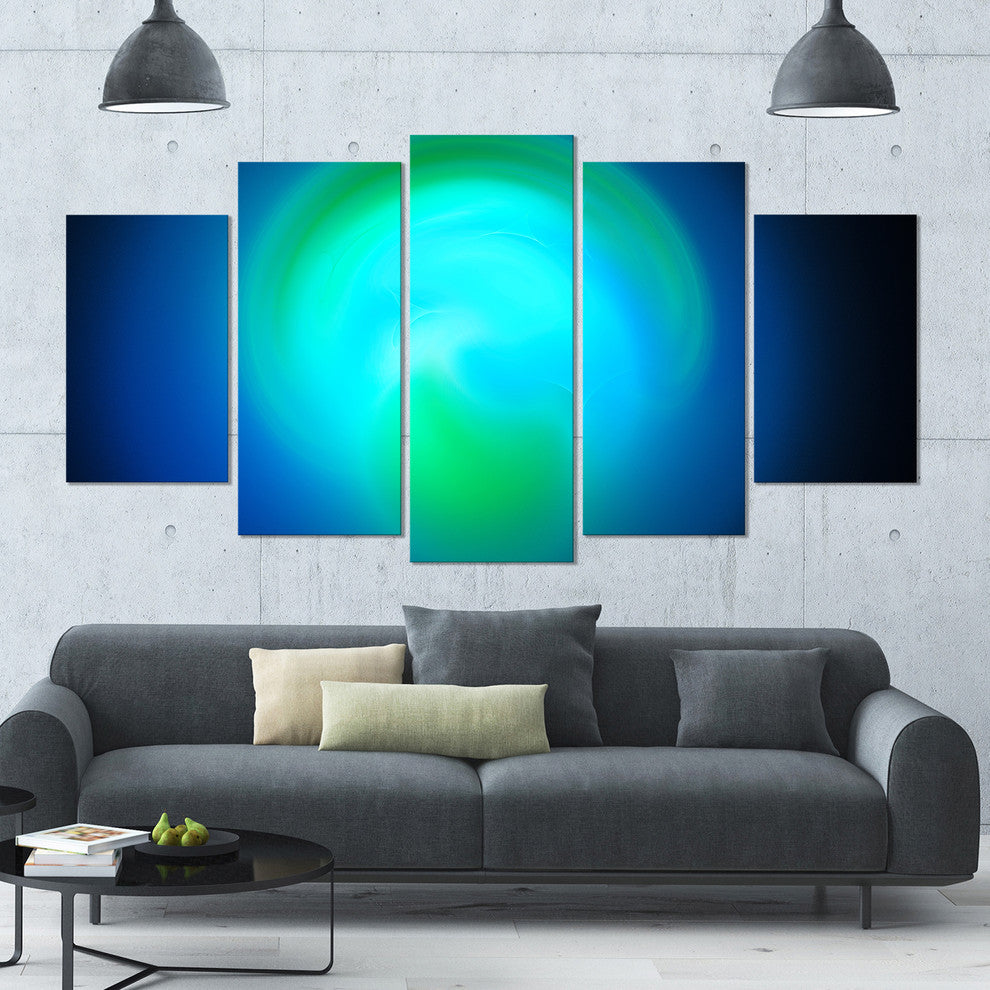 Blue Misty Sphere on Black, Contemporary Canvas Art Print, 60"x32", 5 Panels