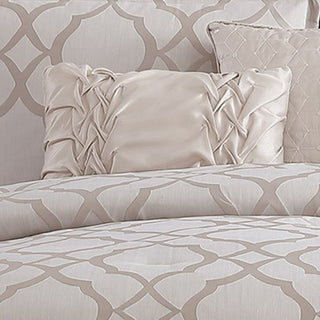 Benzara BM225202 9 Piece Queen Size Comforter Set with Quatrefoil Prints, White