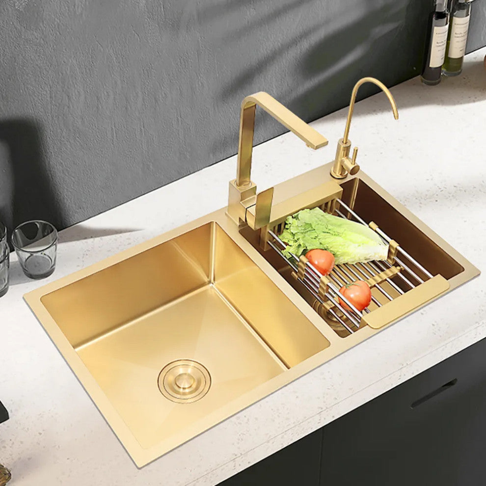 Stainless Steel Kitchen Sink Double Bowls Drop-In Sink with Drain and Overflow, Gold
