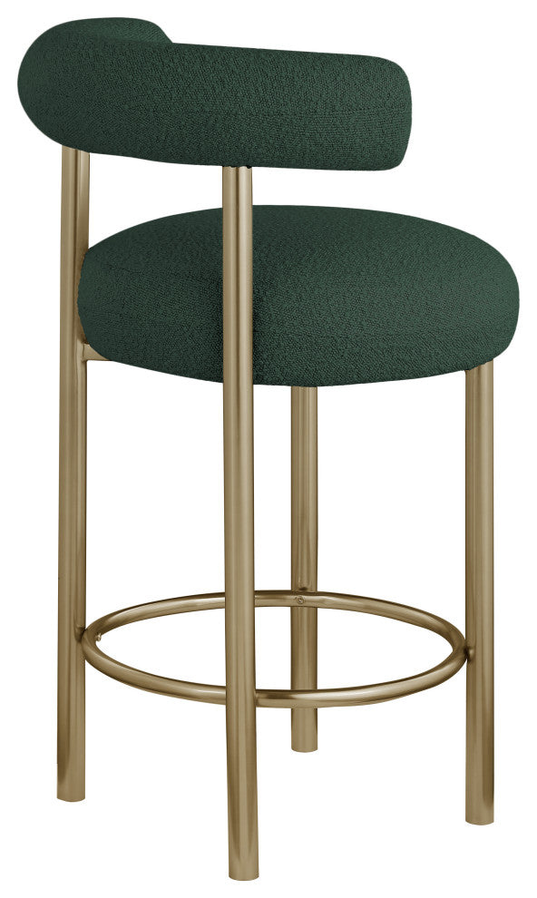 Bordeaux Upholstered Stool, Green, Boucle Fabric, Brushed Brass, Set of 2