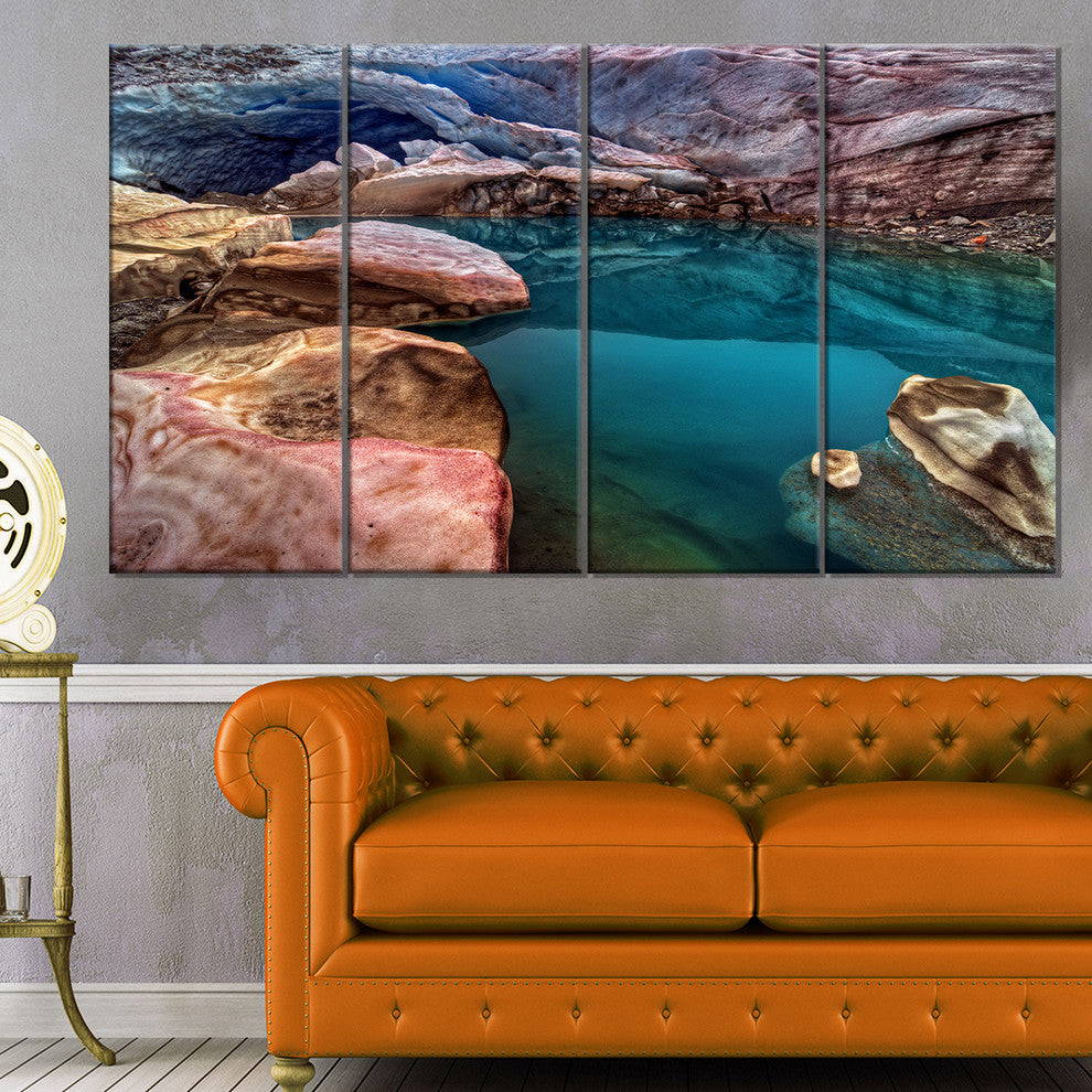 Deep Glacier Cave in Blue, Landscape Canvas Art Print, 48"x28", 4 Panels