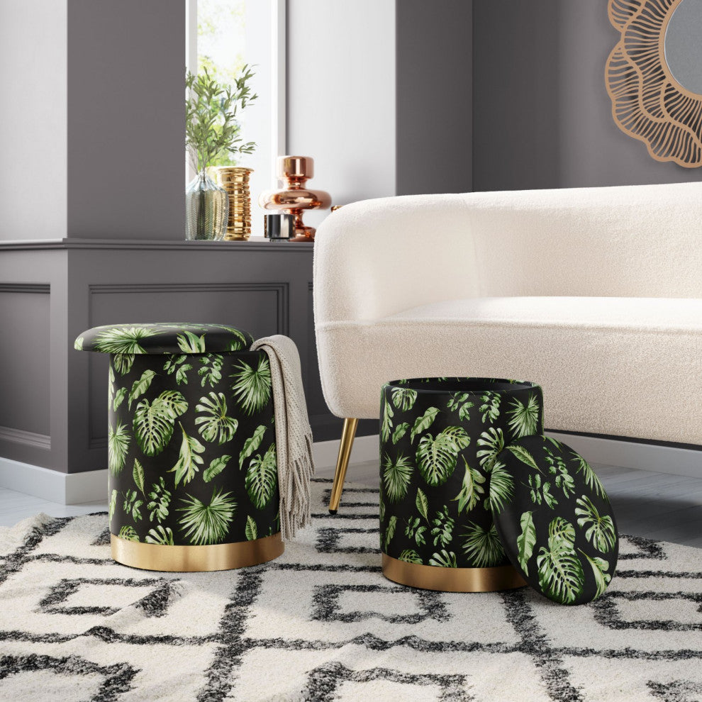 Storage Stool, Fabric, Wood, Green, Gold, Lounge Cafe Lobby Hospitality