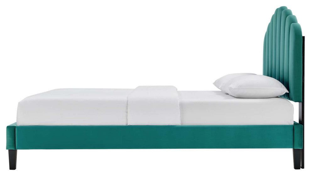 Platform Bed Frame, King Size, Teal Blue, Velvet, Modern, Bedroom Guest Suite