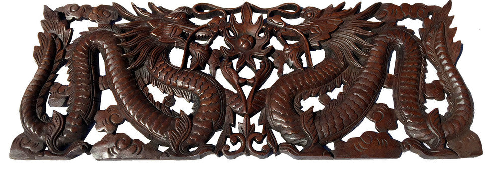 Lucky Dragon Carved Wood Wall Panel, Asiana Chinese Home Decor