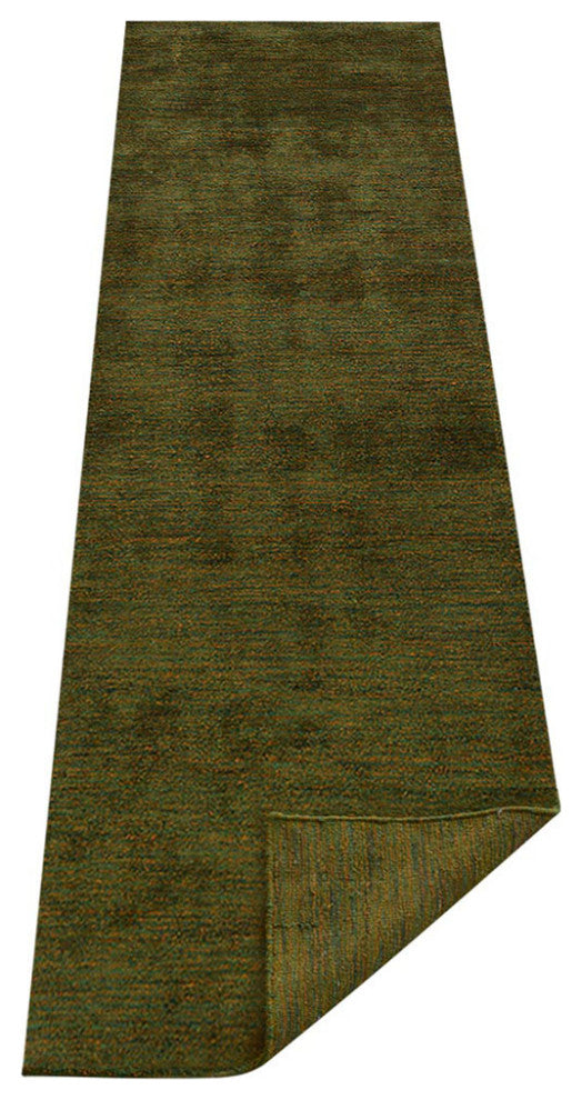 Hand Knotted Loom Silk Mix Area Rugs Solid Green Gold