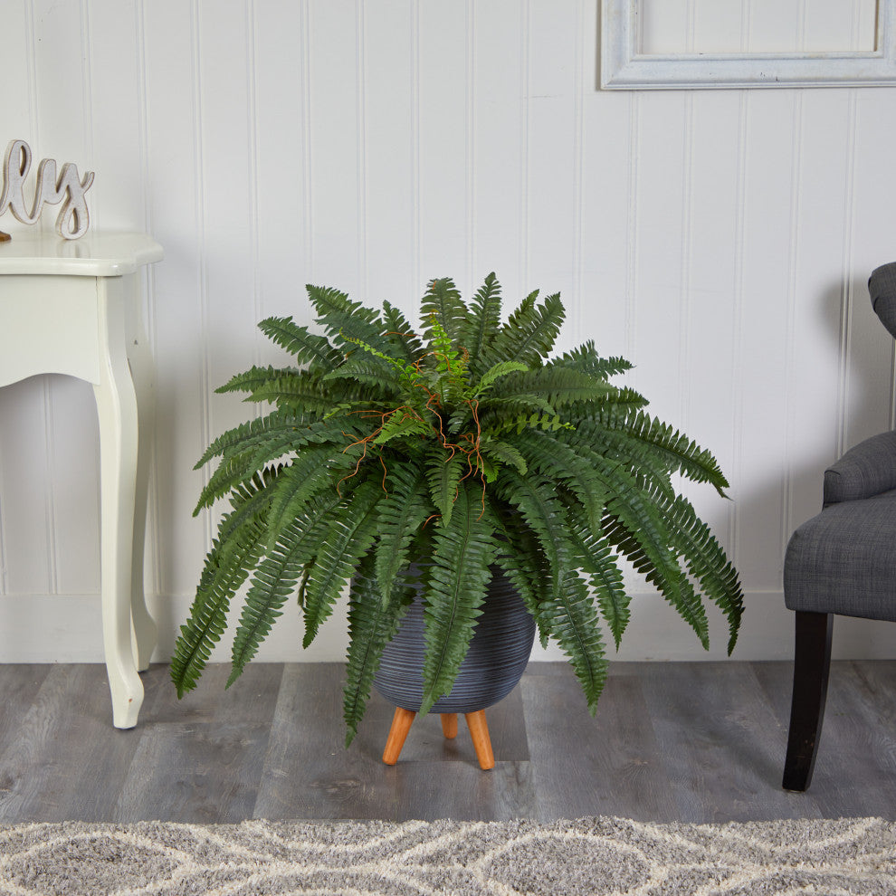 2.5' Boston Fern Artificial Plant, Gray Planter With Stand