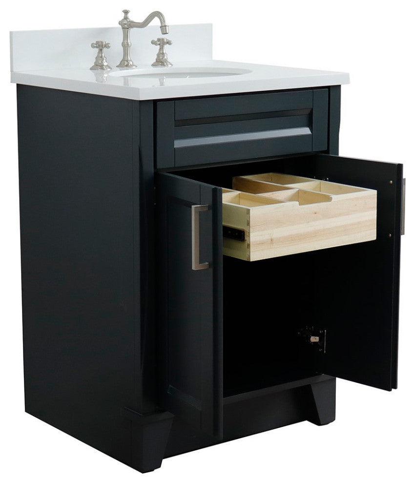 25" Single Sink Vanity, Dark Gray Finish With Engineered Stone Top And Oval Sink