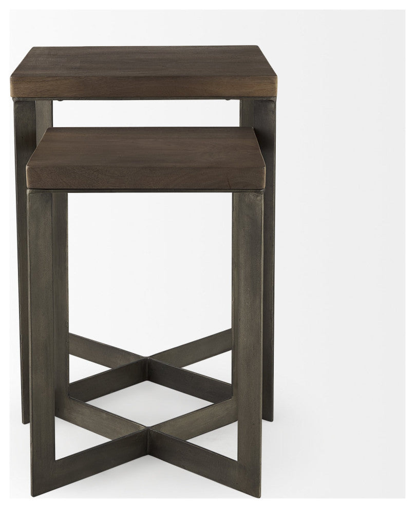 2-Piece Geo Dark Brown Metallic and Wood Table Set