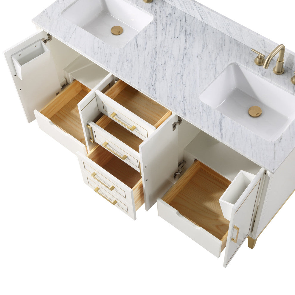Gracie Bathroom Vanity, Satin White With Carrara Marble, 60"