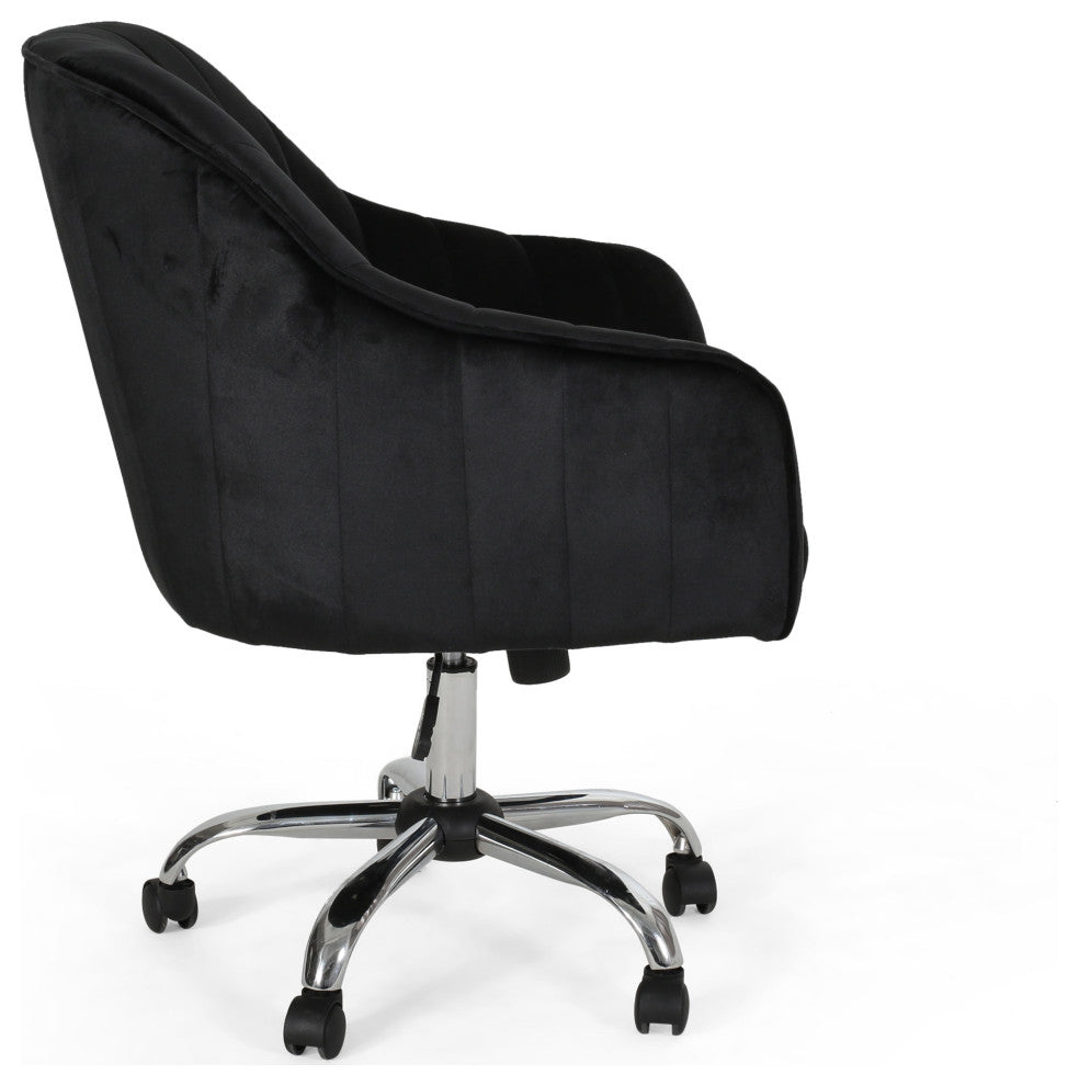 Cassandra Velvet Home Office Chair With Swivel Base, Black, Silver Finish