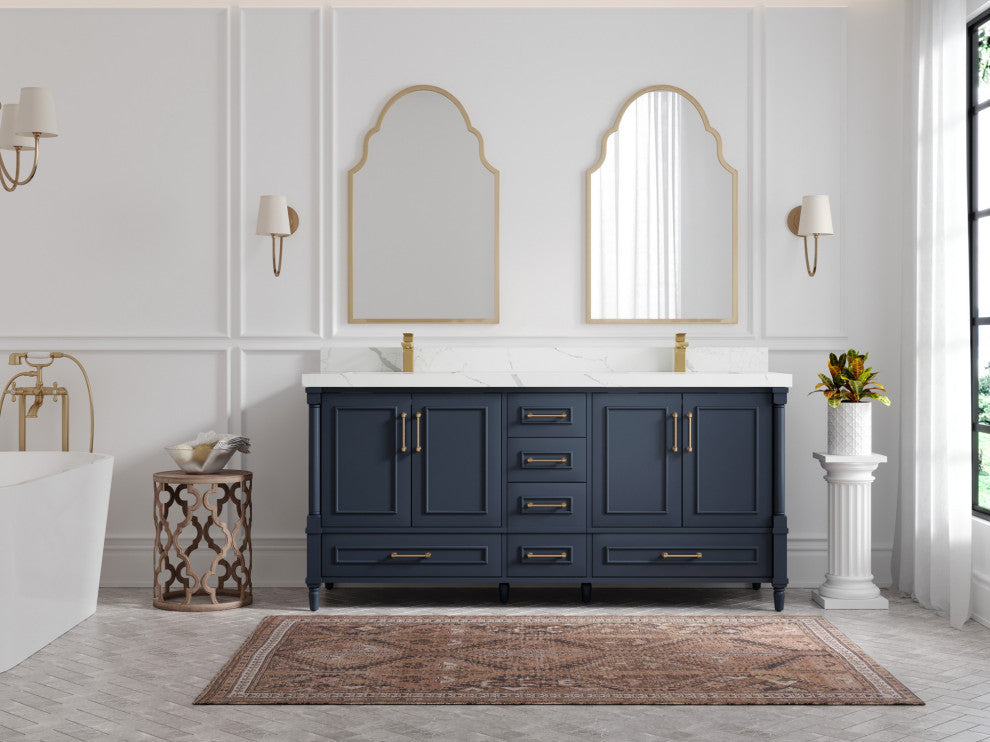 Aberdeen 84 Double Sink Bath Vanity in Hale Navy Blue  2" Calacatta Laza