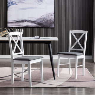 Set of 2 Cross Back Wood Chairs, White/Upholstered