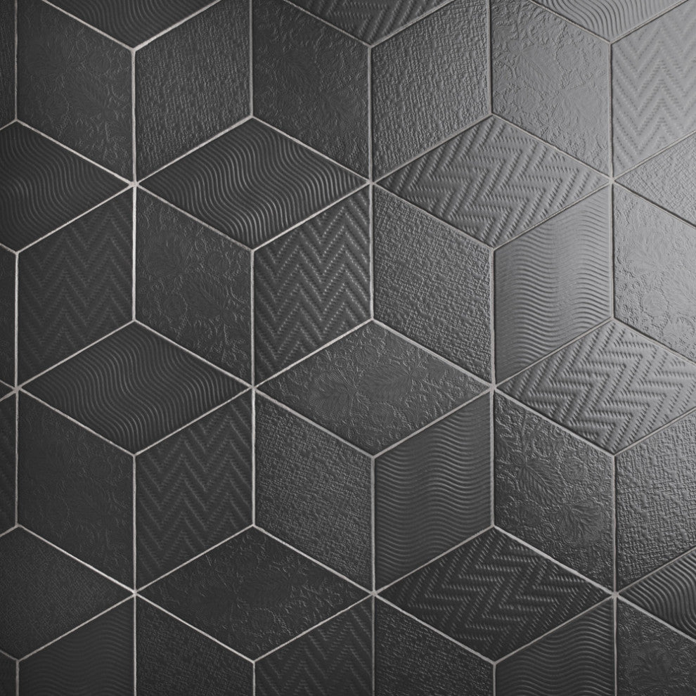 Rhombus Porcelain Floor and Wall Tile, Black, Sample
