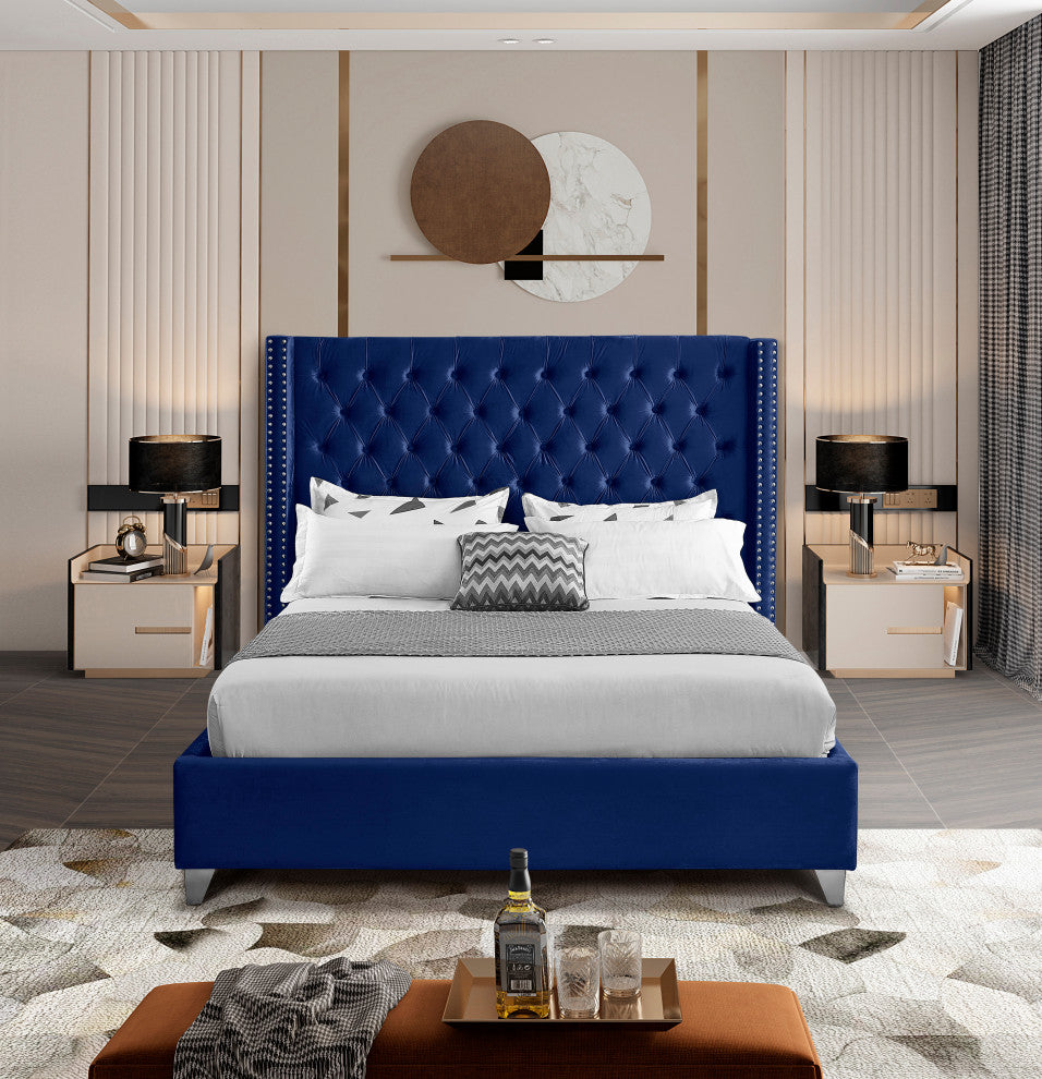 Ames Velvet Bed, Navy, Queen