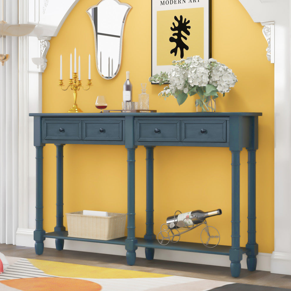 58" Two-Drawer Console Table Bottom Shelf for Living Room Antique Navy