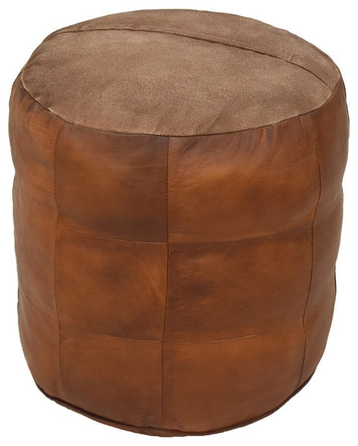 Geometric Handmade Leather Pouf, Recycled Foam With Fiber Fill, Cognac Color, Round, 18x18x18