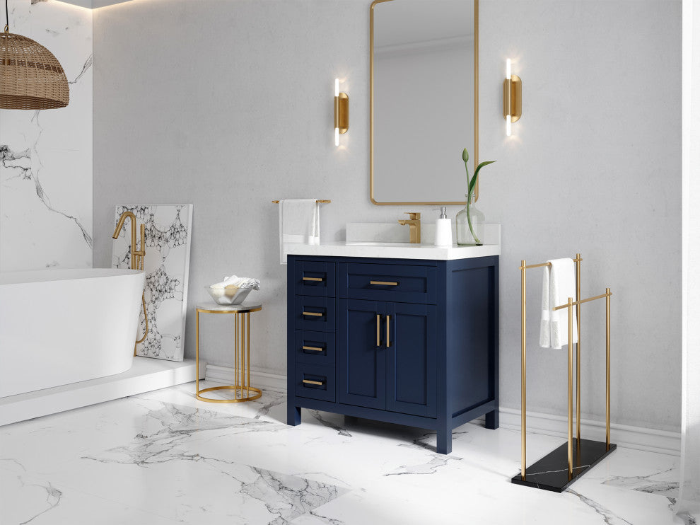 Cambridge 36 Center Sink Bath Vanity in Hale Navy Blue 2" Carrara Quartz