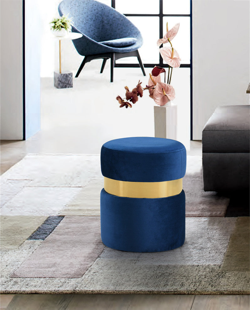 Hailey Velvet Upholstered Ottoman/Stool, Navy, Gold Band