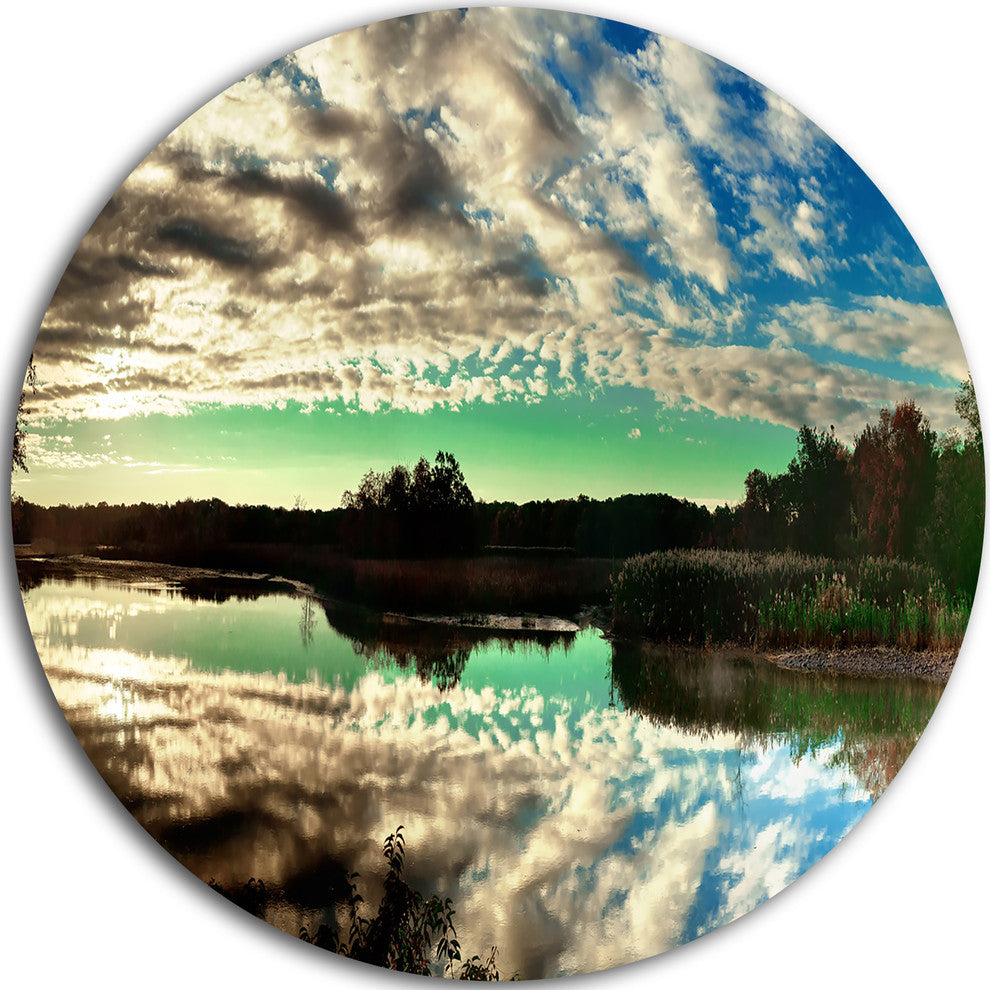 Sky Clouds Mirrored In River Panorama, Landscape Disc Metal Art, 36"
