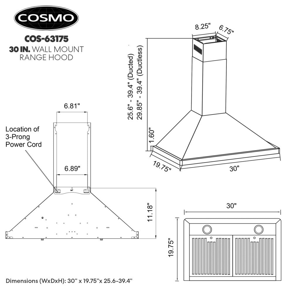 Cosmo Wall-Mount Range Hood, Stainless Steel, Ducted, 30"