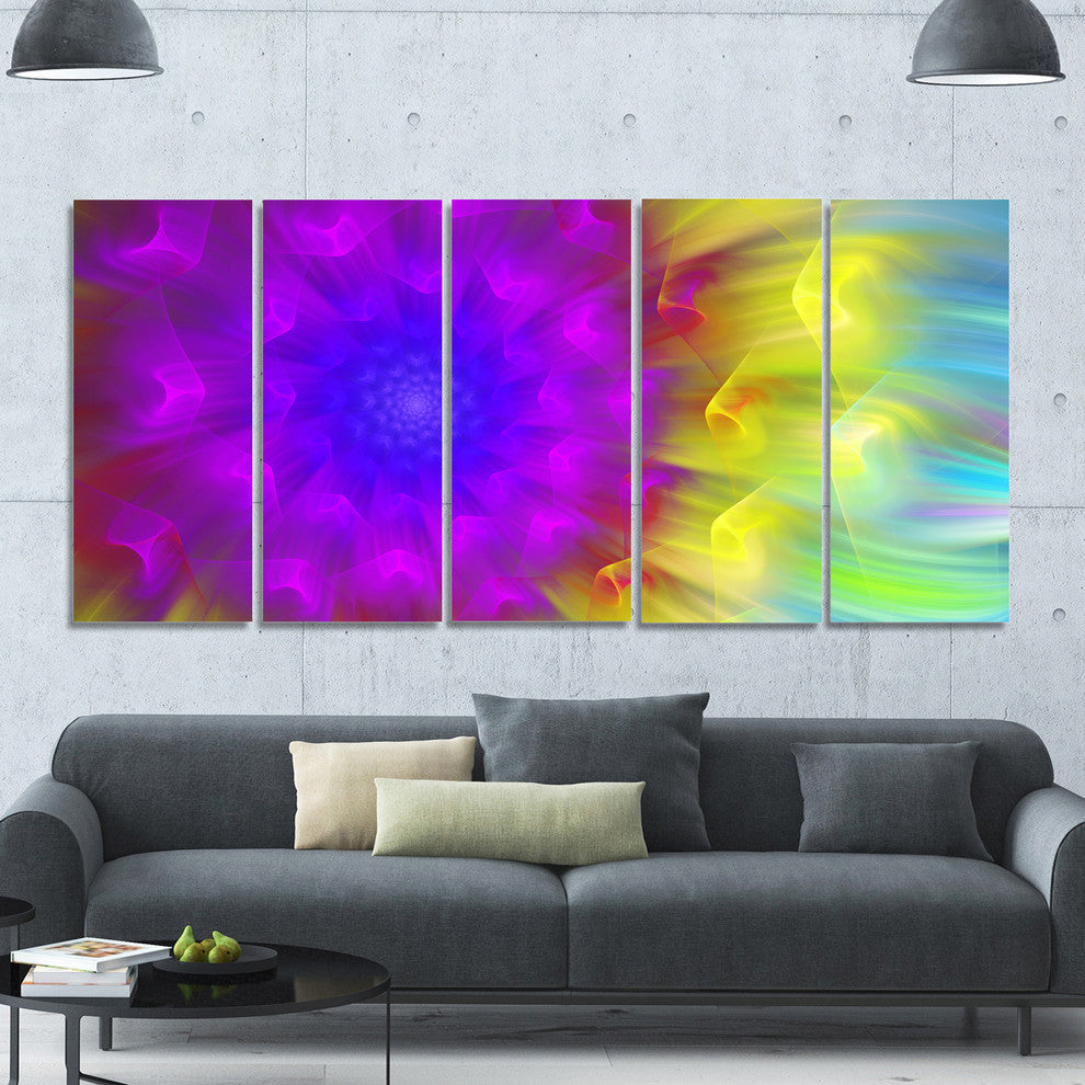 Purple Fractal Petals Dandelion, Floral Canvas Art Print, 60"x28", 5 Panels