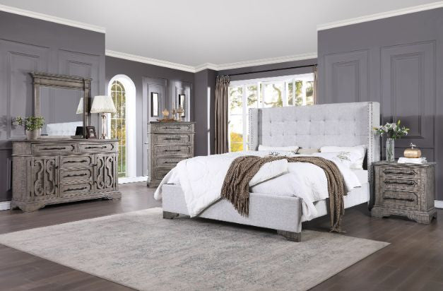 Acme Artesia Cal King Bed Tan Fabric and Salvaged Natural Finish