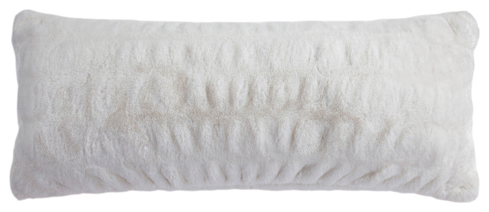 Ruched Rabbit Faux Fur Lumbar Pillow with Down Insert, 14"x36", White