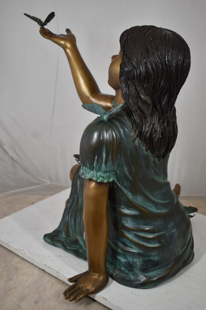 Girl With butterflies, green shirt Bronze Statue Size: 27" x 17" x 24"H
