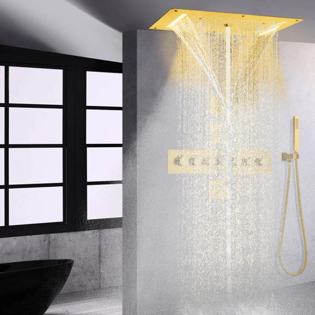 Led Mist Rainfall Shower System, Hand Shower and Jetted Body Sprays, Brushed Gol