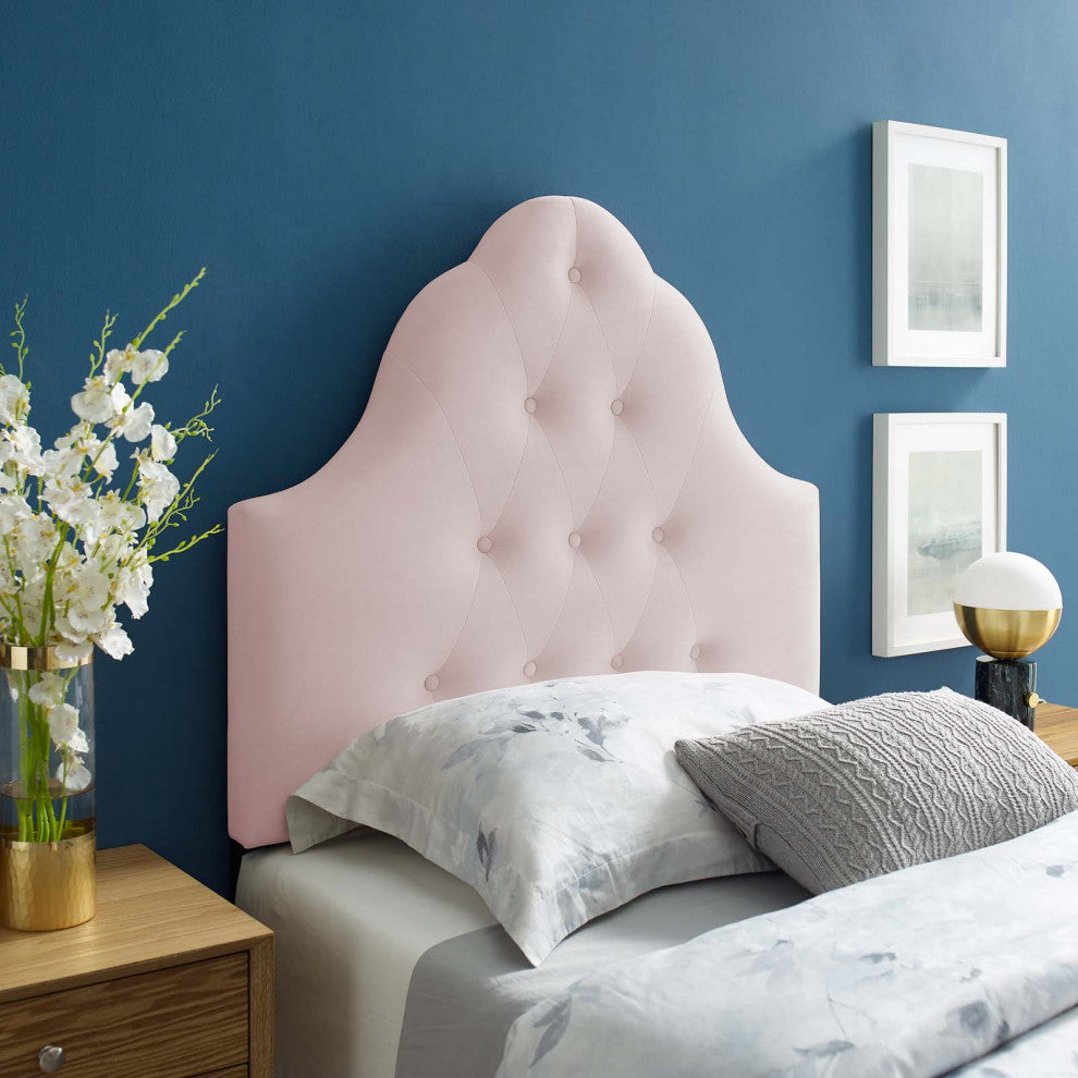 Contemporary Modern Bedroom Twin Size Tufted Headboard, Velvet Fabric, Pink
