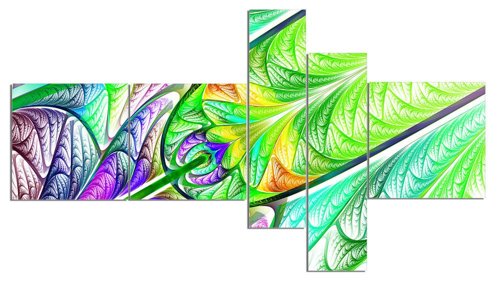Green Blue Fractal Stained Glass, Abstract Wall Art Canvas, 60"x32", 5 panels