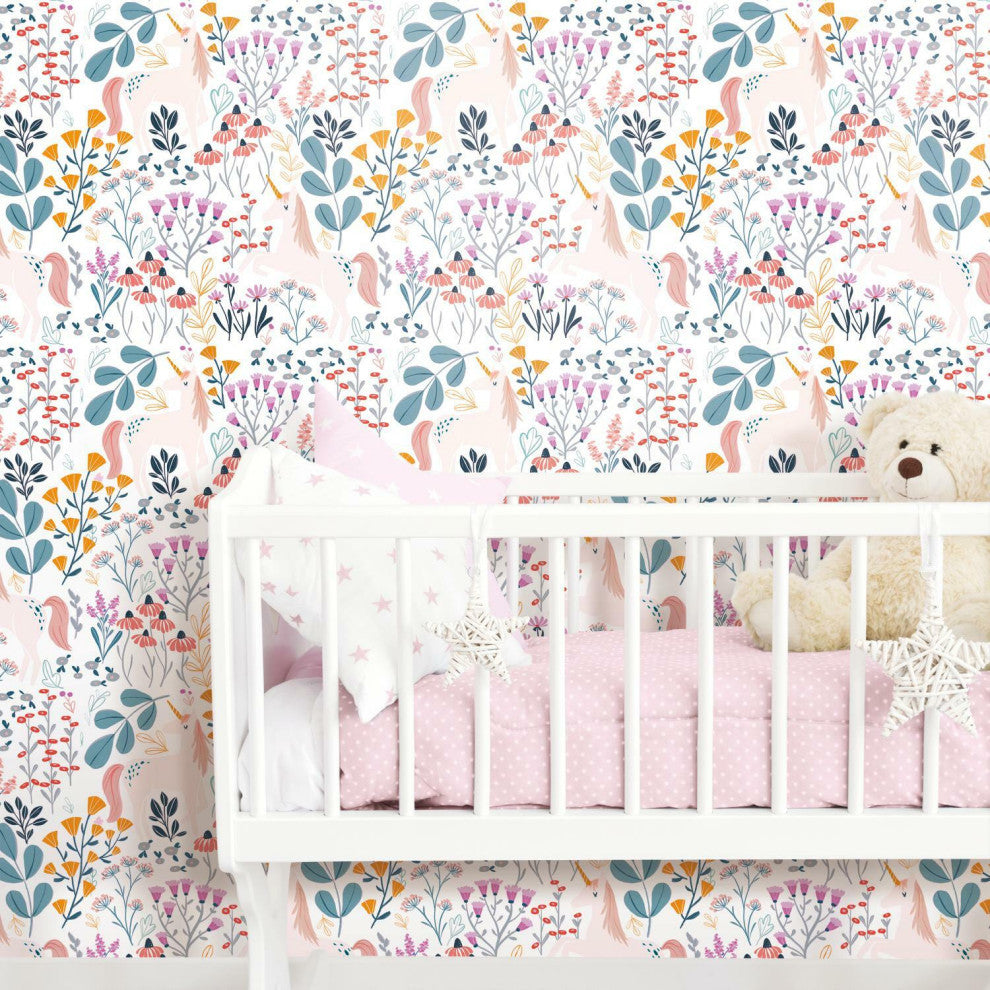 White & Pink Unicorn Paradise Peel & Stick Wallpaper