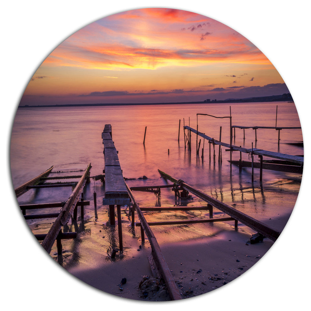 Fishing Pier In Sea At Sunset, Seashore Disc Metal Artwork, 23"