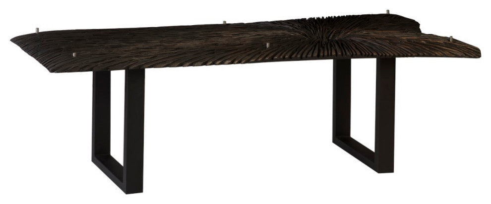 Chainsaw Dining Table with Glass, Chamcha Wood, Burnt Black, Black Iron U Legs