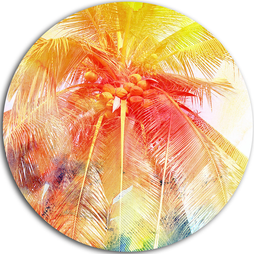 Retro Palm Red Yellow Watercolor, Trees Disc Metal Wall Art, 11"