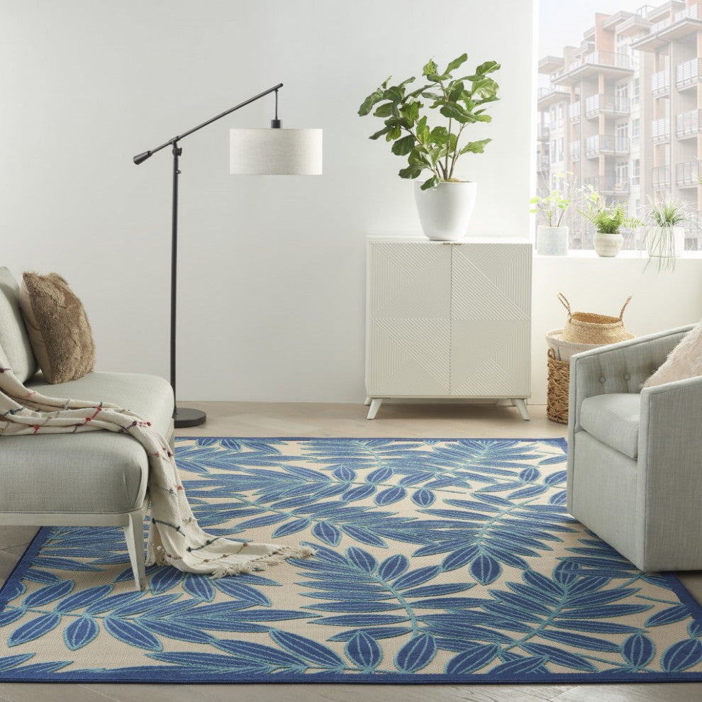 7 x 10 Navy and Beige Leaves Indoor Outdoor Area Rug