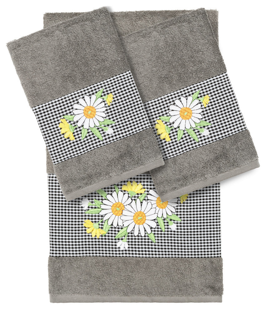 Linum Home Turkish Cotton Daisy 3-Piece Embellished Towel Set, Dark Gray