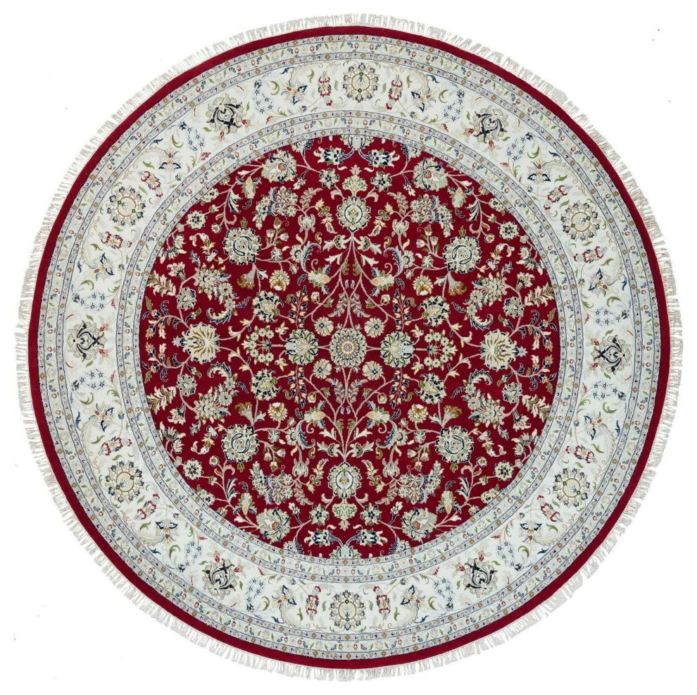 Burgundy Red Soft Wool Hand Knotted Nain Design 250 KPSI Round Rug 9'8"x9'8"