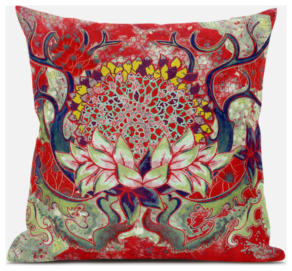20" Red Green Flower Bloom Suede Throw Pillow
