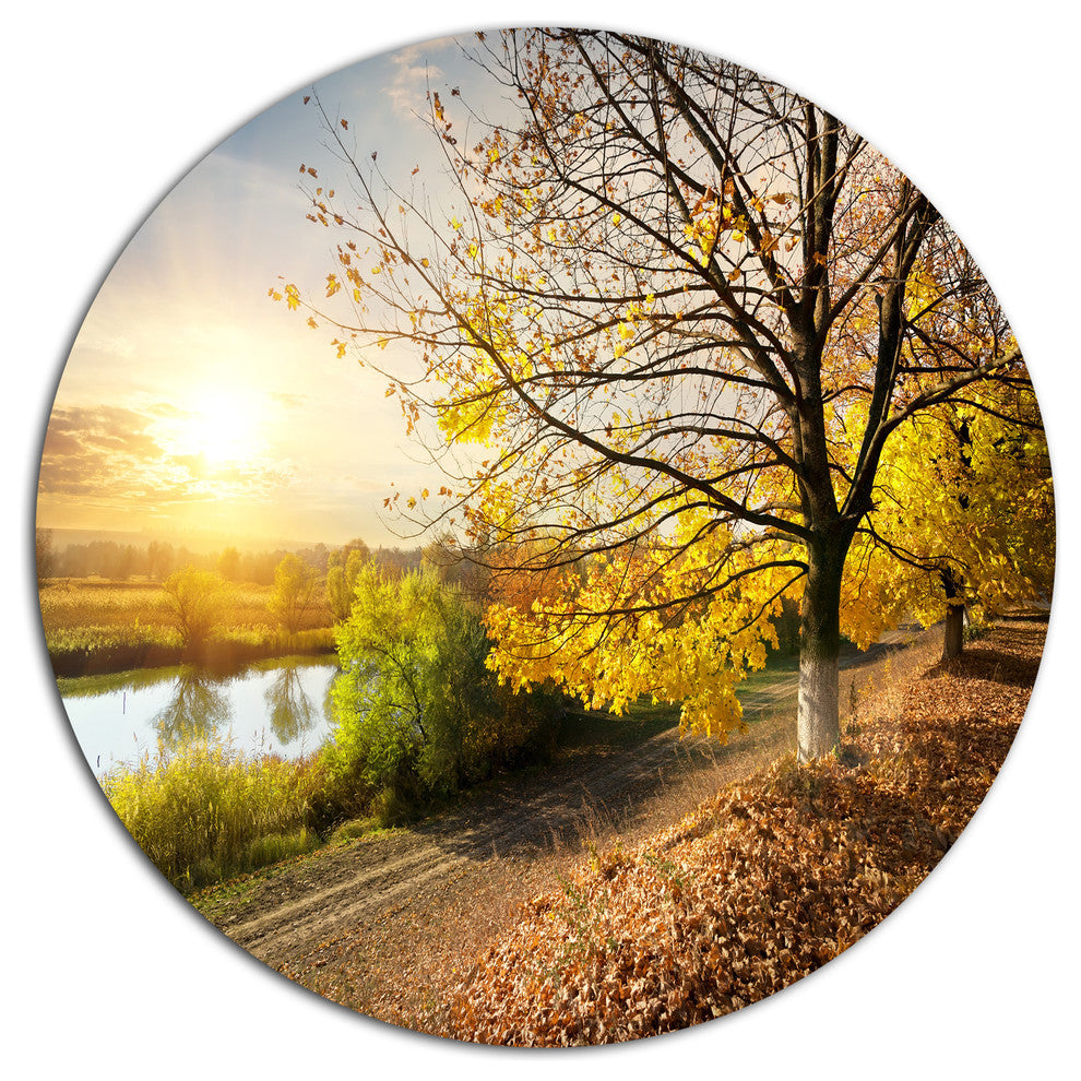 Beautiful Road By The River, Landscape Wall Disc Metal Artwork, 11"