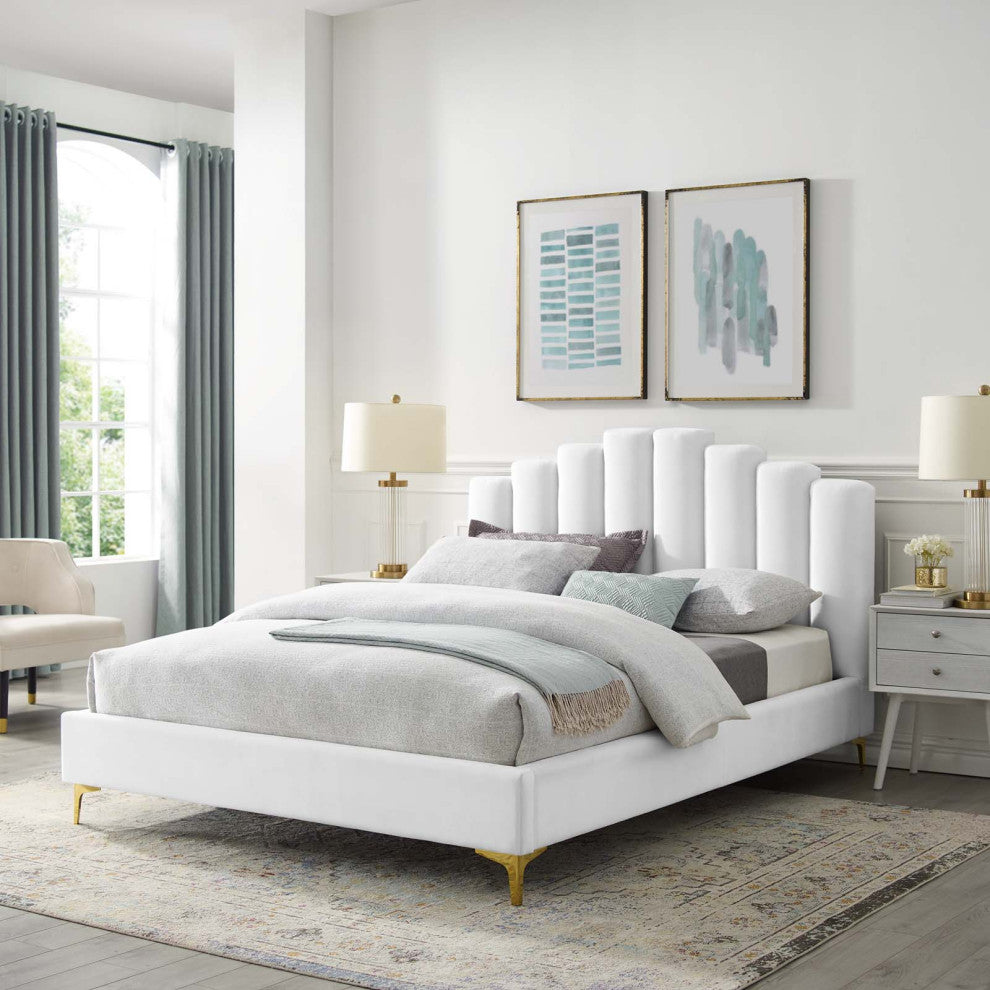 Platform Bed Frame, Queen Size, Velvet, White, Modern Contemporary, Bedroom