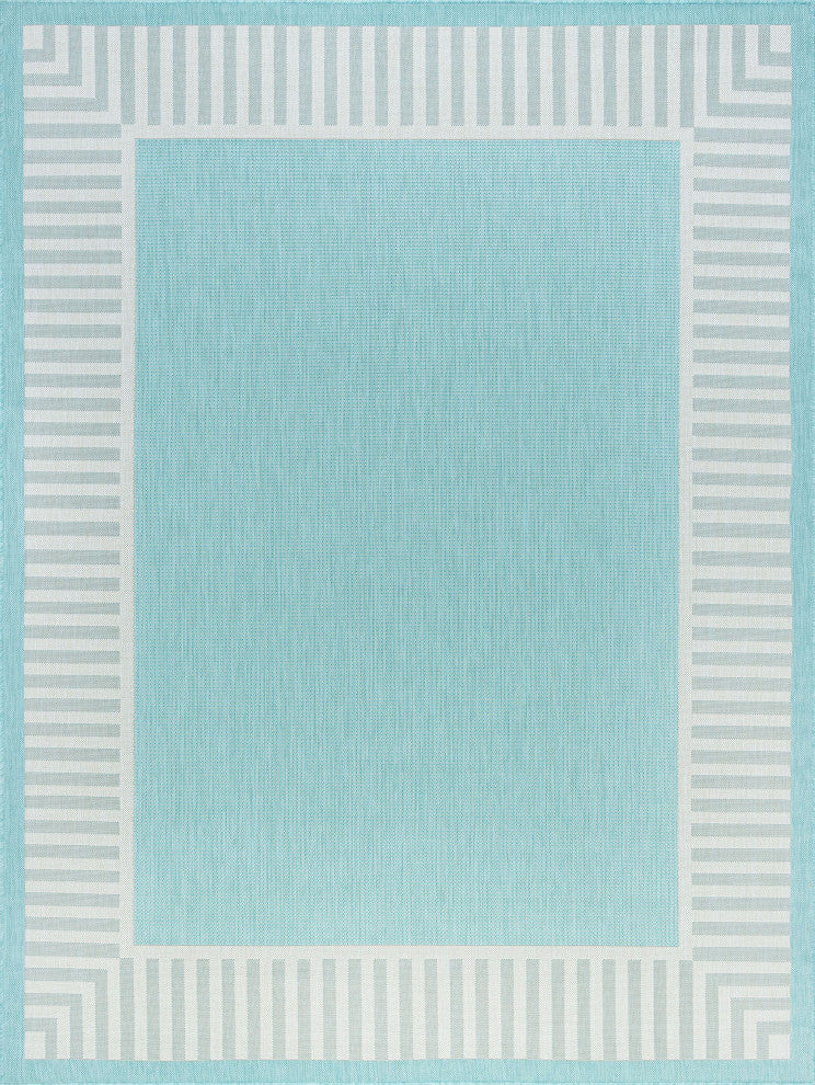 Elgin Transitional Striped Border Aqua/Cream Indoor/Outdoor Area Rug, 4'x5'